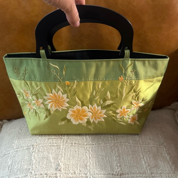 Handbags - Vintage Hand-Embroidered Green Floral Tote Bag with Black Handles